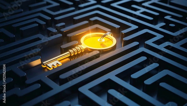Obraz Unlocking pathways within a complex maze featuring a golden key symbolizing solutions and discoveries