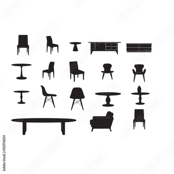 Fototapeta Set of home furniture silhouettes vector isolated.
