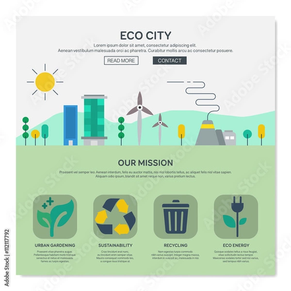 Obraz One page web design template with eco city services like urban gardering or eco energy. Flat design graphic, website elements layout. Vector illustration.