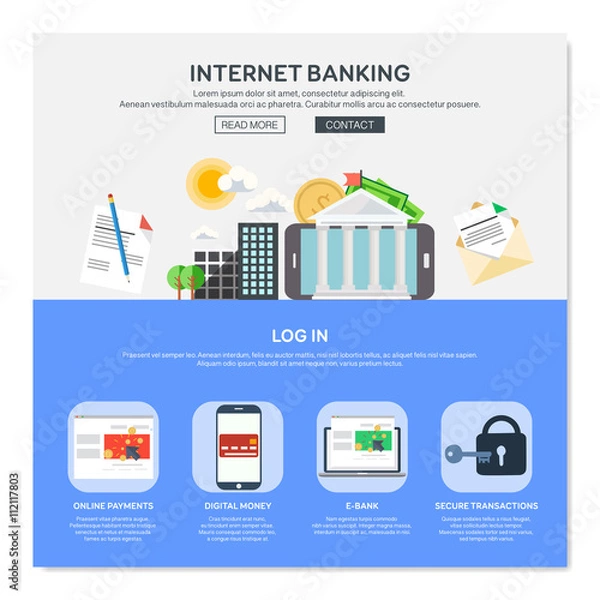 Obraz One page web design template with internet banking services like online payments or e-bank. Flat design graphic, website elements layout. Vector illustration.

