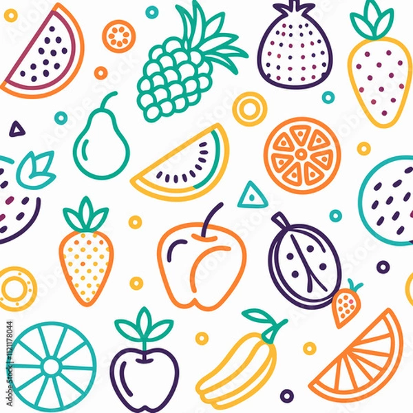 Fototapeta Colorful line art fruit pattern background. (1)