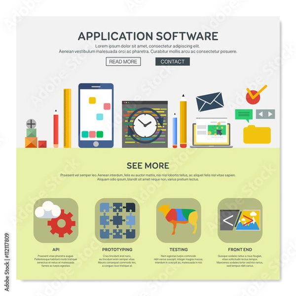 Obraz One page web design template with application software services like api or prototyping. Flat design graphic, website elements layout. Vector illustration.
