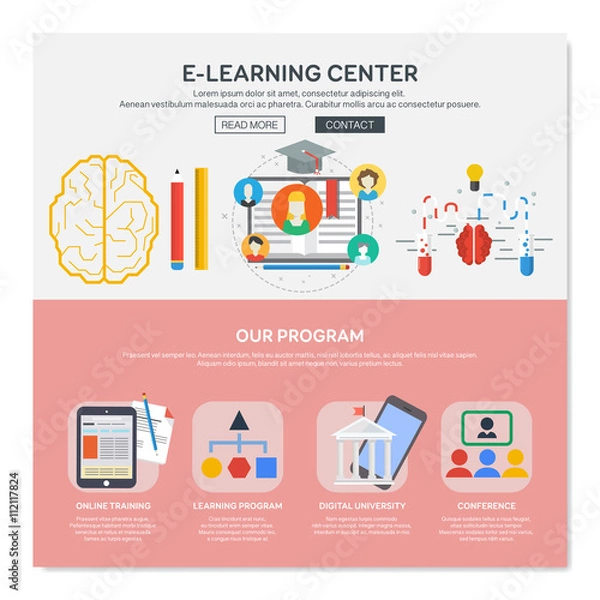 Obraz One page web design template with e-learning services like online training or learning program. Flat design graphic, website elements layout. Vector illustration.
