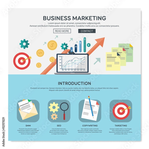 Obraz One page web design template with business marketing services like smm or seo. Flat design graphic, website elements layout. Vector illustration.
