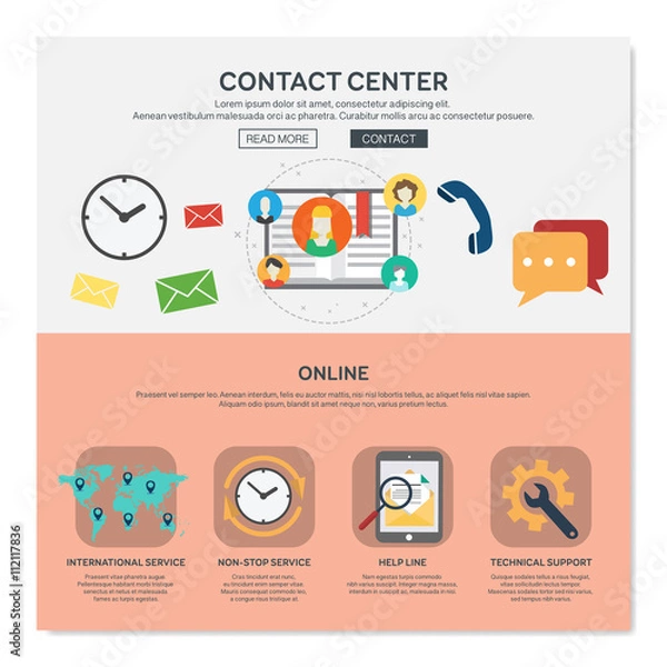 Obraz One page web design template with contact center services like help line or international services. Flat design graphic, website elements layout. Vector illustration.
