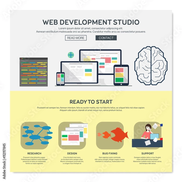 Obraz One page web design template with web development studio services like research or design. Flat design graphic, website elements layout. Vector illustration.
