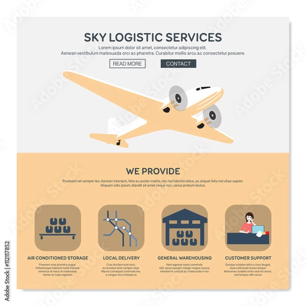 Obraz One page web design template with sky logistic services like general warehousing or local delivery. Flat design graphic, website elements layout. Vector illustration.

