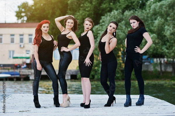 Fototapeta Five beautiful young sexy girls models in black tight dress posi