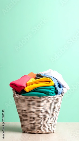 Fototapeta A woven basket filled with colorful folded clothes sits against a soft mint green wall, showcasing a tidy and organized laundry scene.