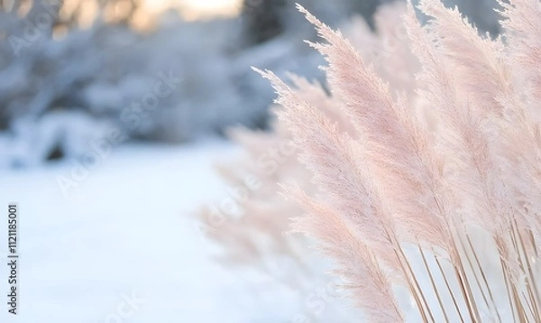 Fototapeta Pink pampas grass in snowy winter scene, Generative AI