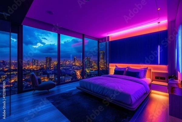 Obraz Cityscape view from a penthouse bedroom at night, moody and atmospheric ambiance