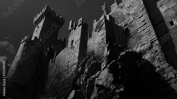 Obraz A high-contrast black and white image of a castle battlements, with the intricate textures of weathered stone brought