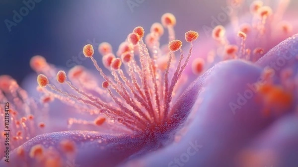 Fototapeta flower stamens, emphasizing the fine details of the pollen and filament structures in crystal-clear focus, surrounded by soft pastel petals