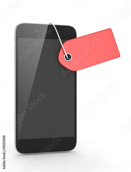Fototapeta Smart phone with red price tag on white background. Identification, price, label. 3D rendering.