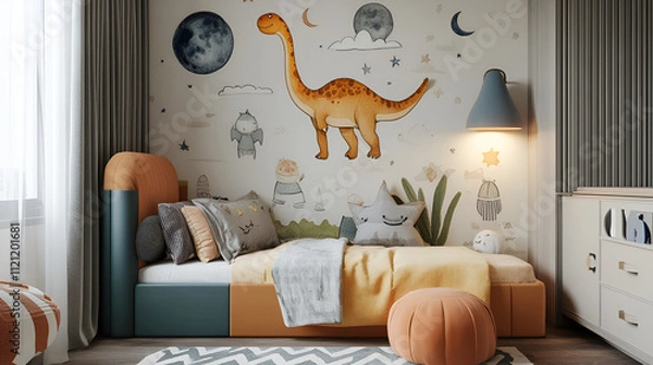 Fototapeta  rendering children's room with night sky and moon background , A Children room with a jungle themed mural , beautiful room wall on dinosaur background 