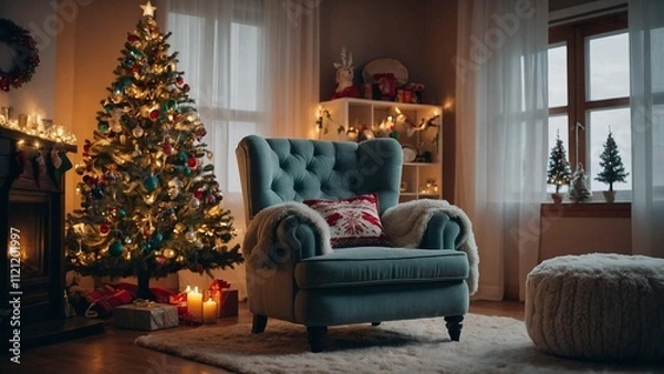 Fototapeta A cozy holiday room with a plush armchair and a sparkling Christmas tree, adorned with twinkling lights and colorful ornaments.