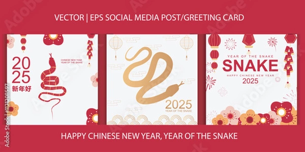 Fototapeta Happy Chinese New Year greeting card, social media post, year of the snake. Instagram posts, . Vector Collection