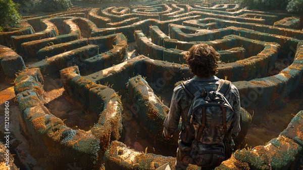 Fototapeta Man Navigating Complex Maze Pathways