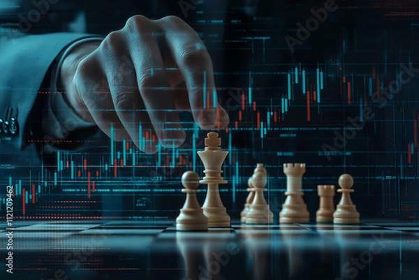 Fototapeta A hand moves a chess piece on a board, overlaid with digital market data, symbolizing strategy and decision-making in both chess and finance.