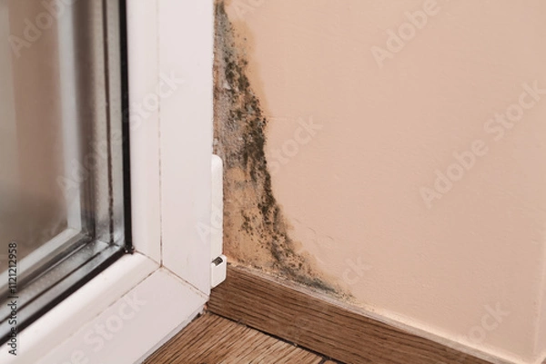 Fototapeta Problems with Ventilation. Stains of toxic Mold, Fungal Bacteria on Wall in Corner near Window. Concept of Condensation, Moisture. High Humidity.