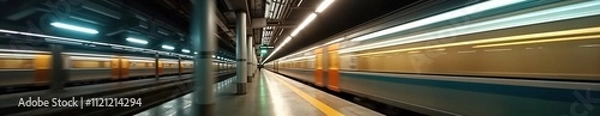 Obraz Modern train rushes through station. Blurred motion highlights speed, activity. Urban transit system. Vibrant orange, vibrant colors. Passengers likely inside train. Public transportation in action.