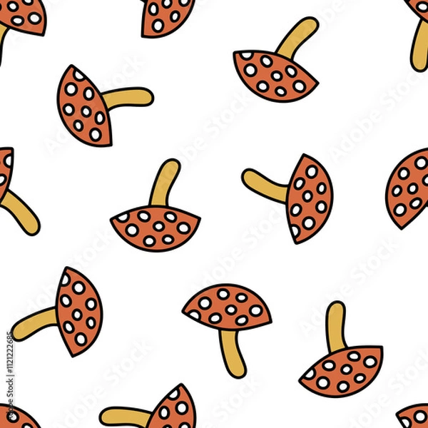 Fototapeta Seamless Pattern with Mushroom Fly Agaric. Red Mushroom with White Spots. Toxic Mushroom Repeating Background. Groovy Hippie 1970s. Funny Cartoon Seamless Pattern in Trendy Trippy Retro Cartoon Style