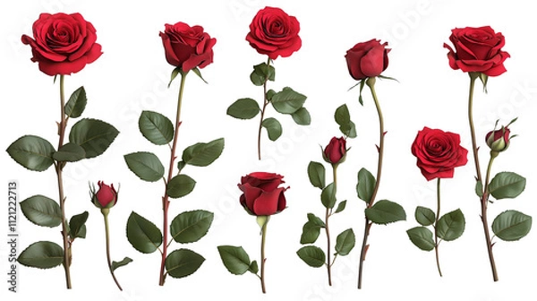 Obraz collection of red roses in various stages of bloom, isolated on a white background. The image highlights the beauty, elegance, and symbolism of roses, making it perfect for designers, artists, and any