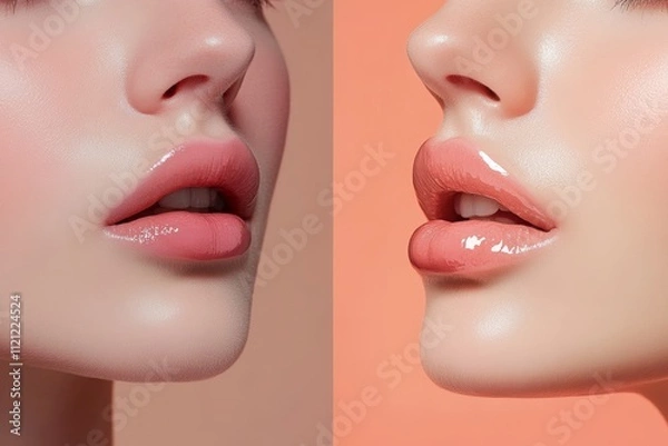 Fototapeta Split-Frame Image of a Woman's Glossy Lips in Natural Beige and Soft Pink Shades