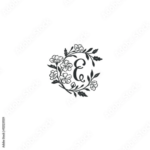 Fototapeta Letter E with graphic leaves, botanic branch bouquet composition. Handdrawn monogram.