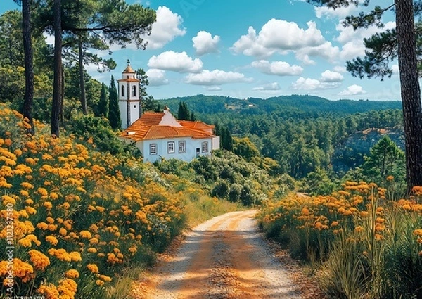Obraz Scenic Road with Building and Vibrant Flowers.