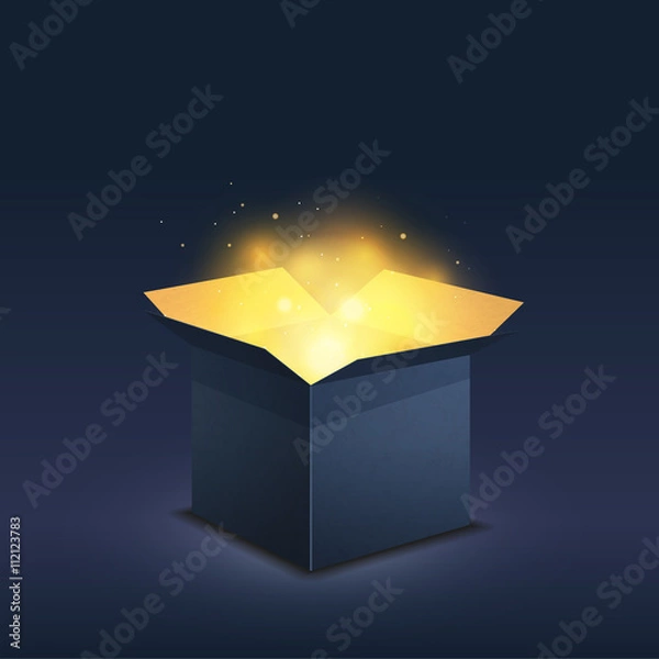 Obraz Blue box with magic golden light on dark