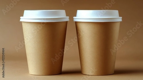 Fototapeta Two simple kraft paper coffee cups are sitting next to each other on a clean, smooth surface. The cups have white lids and a plain, natural design, creating a minimalistic aesthetic