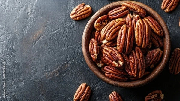 Fototapeta A rustic wooden bowl filled with freshly shelled pecans rests atop a dark textured surface. The pecans showcase their rich brown color and unique shapes, highlighting their natural beauty