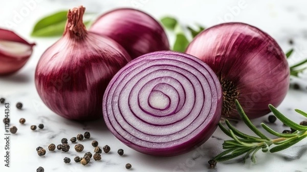 Fototapeta Vibrant red onions displayed alongside sprigs of rosemary and black peppercorns on a marble surface, highlighting their freshness and readiness for cooking
