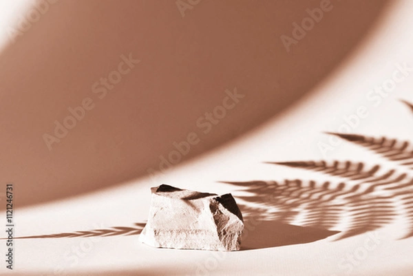 Fototapeta A stone podium on a beige background with beautiful shadows. The demonstration of the colors of 2025 is a mocha mousse.