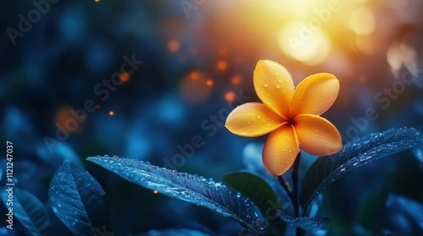 Obraz A vibrant orange flower stands out against a backdrop of dark green foliage. Morning sunlight casts a warm glow, creating a serene atmosphere filled with dew-covered leaves