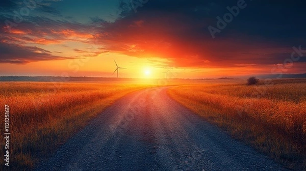 Fototapeta Serene Sunset Over a Rural Road with Wind Turbines and Golden Fields Capturing the Essence of Nature and Sustainable Energy at Dusk