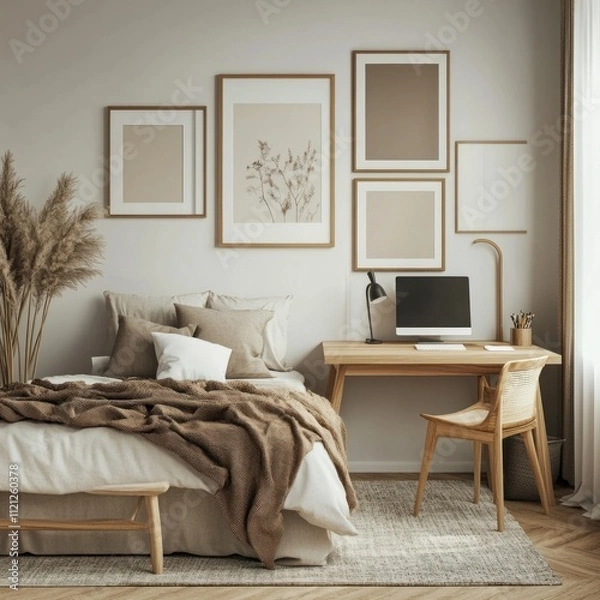Fototapeta Cozy bedroom with minimalist wooden desk, neutral tones, and pampas grass.