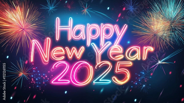 Fototapeta Exciting 'Happy New Year 2025' Design with Fireworks and Colorful Neon Lights