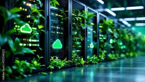 Fototapeta Green technology, data center, eco friendly servers, cloud computing, sustainable IT solutions, nature and technology integration with vibrant green foliage and servers