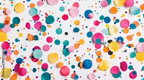 Fototapeta A vibrant array of colorful confetti dots scattered on a white background, creating a playful and festive atmosphere.