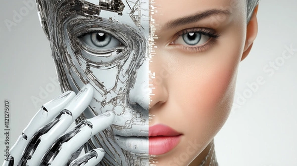 Fototapeta Portrait of a human-cybernetic hybrid. The image is split down the center, with one half depicting a human face with natural features, and the other half revealing a sleek, robotic structure