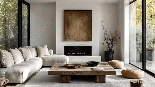 Fototapeta A contemporary living room design with a rustic barn wood coffee table, a sleek gray corner sofa adorned with decorative pillows, a white fireplace with clean edges,