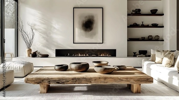 Fototapeta A contemporary living room featuring a rustic barn wood coffee table, a sleek linear fireplace integrated into a smooth white wall, framed monochrome art hanging above,