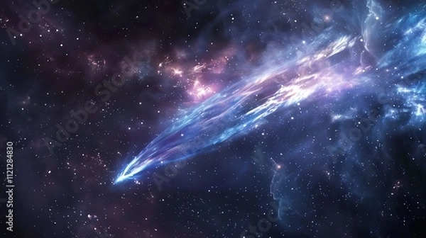 Obraz A comet with a glowing tail streaking through space, leaving a bright trail behind.