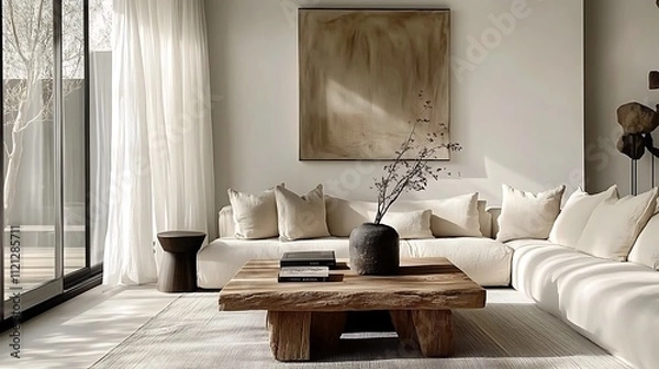 Fototapeta A serene minimalist living room with a rustic coffee table, a taupe corner sofa, soft light filtering through sheer curtains, simple wall decor,