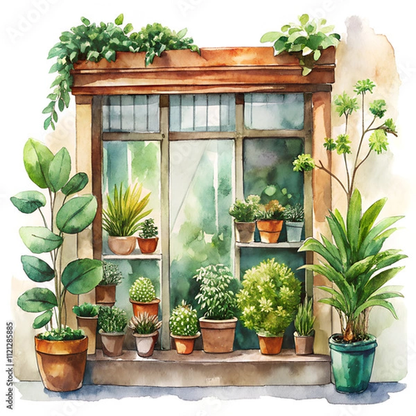Fototapeta Vibrant Window Garden with Lush Green Plants and Cacti in Watercolor Style