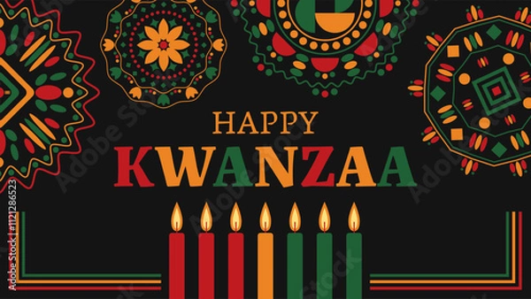 Fototapeta Black background with happy kwanzaa greeting and colorful geometric patterns celebrating african harvest festival. Vector illustration.