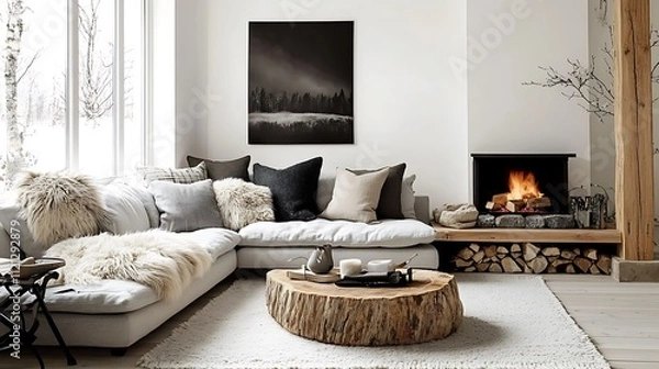 Fototapeta Modern Scandinavian interior with a light gray corner sofa adorned with fur pillows, a minimalist stone fireplace emitting soft warmth, natural wooden accents,