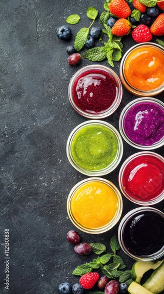 Fototapeta Colorful display of homemade jams and preserves with fresh fruits